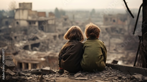 The echo of war! the child stands alone against the broken city and hugs his toy