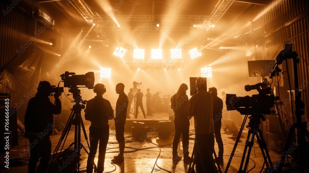 Silhouette of crew and team shooting production in studio