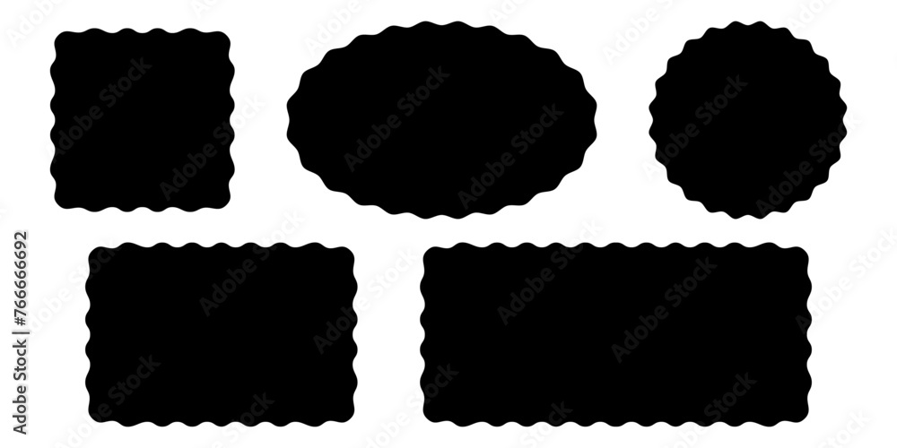 Set of square, rectangle, circle and oval shapes with wavy edges. Empty text boxes, tags, labels or stickers templates with undulate borders isolated on white background. Vector graphic illustration. - obrazy, fototapety, plakaty 