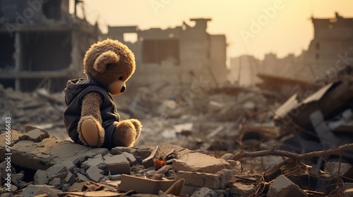 The echo of war! the child stands alone against the broken city and hugs his toy