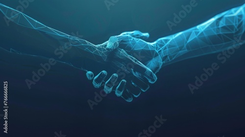 Handshake in neon blue and abstract geometric polygonal line