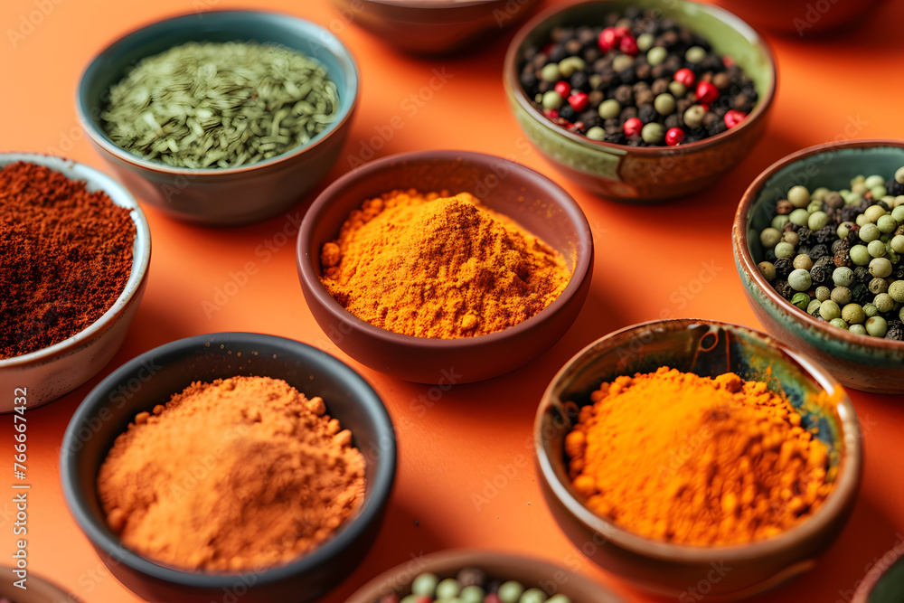 A close-up of assorted spices in small bowls on a fiery orange backdrop, adding flavor and depth to culinary creations