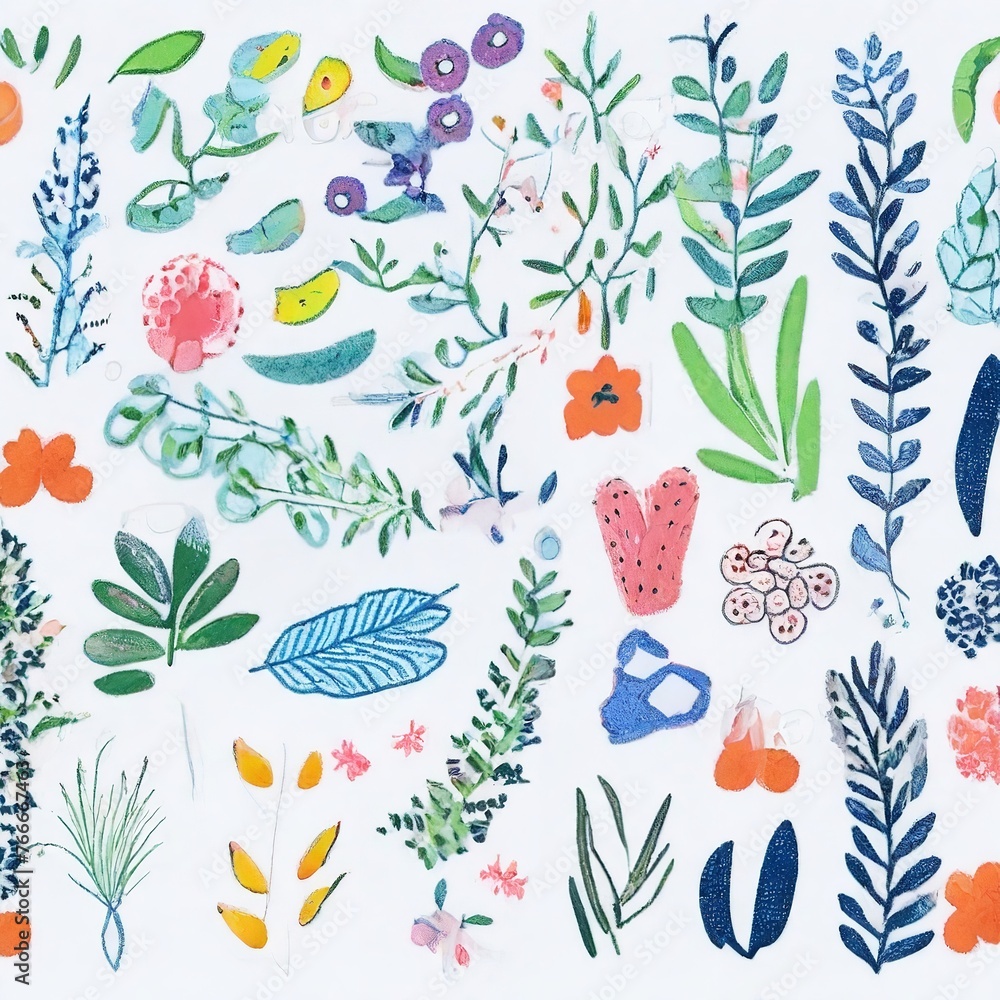 Obraz premium A collection of seamless pattern, colorful abstract plants and flowers. Hand drawn Collection of leaves and flowers. A close up of a pattern of flowers and leaves. 