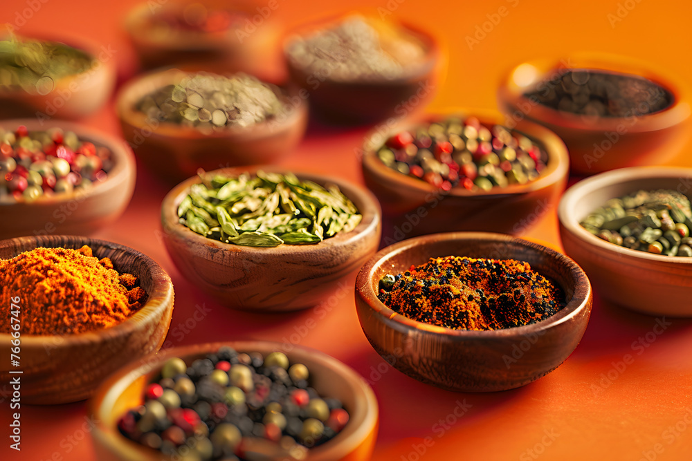 A close-up of assorted spices in small bowls on a fiery orange backdrop, adding flavor and depth to culinary creations