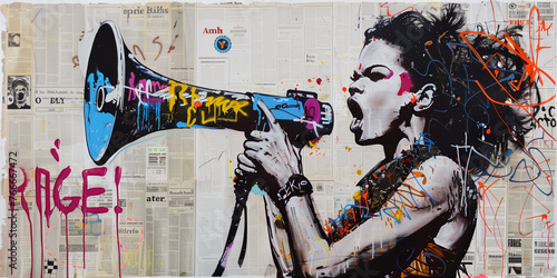 Graffiti, collage of grunge newspapers and painting, illustration of an iconic woman screaming in a megaphone, revolution for rights and equality, urban graphic artwork, street art, mixed media