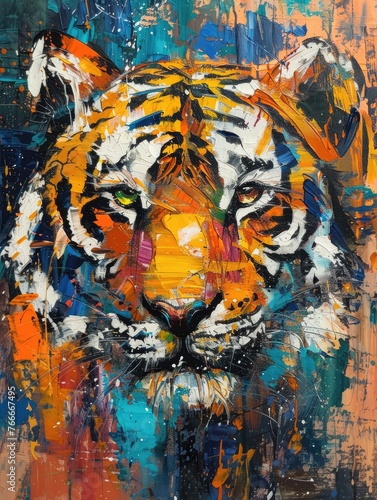 Painting of colorful tiger. Animal head, portrait art Colorful abstract oil acrylic on canvas