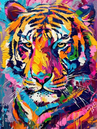 Painting of colorful tiger. Animal head, portrait art Colorful abstract oil acrylic on canvas © Ilmi