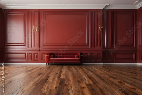Modern symmetrical classic red empty interior with wall panels moulding and shiny wooden floor design.