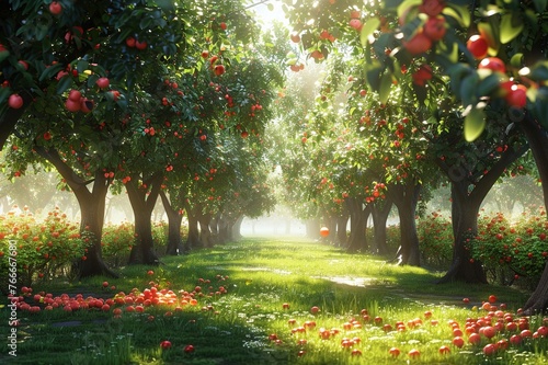 A fruit orchard where holographic birds sing among the trees, their melodies encouraging real plants to grow 