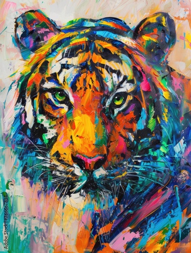 Painting of colorful tiger. Animal head, portrait art Colorful abstract oil acrylic on canvas © Ilmi