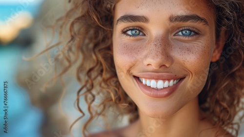 A close up of a woman with freckles and blue eyes, AI