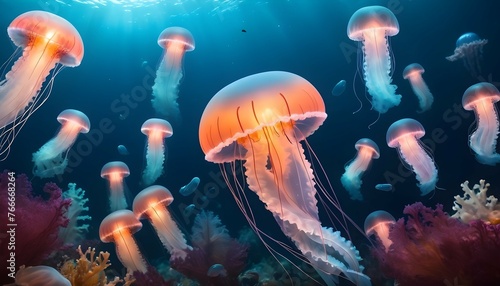 A Jellyfish In A Sea Of Glowing Underwater Creatur © Deepa