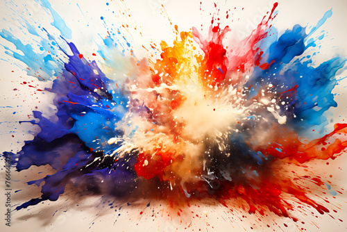 Holi powder paint splatter on a light gray background, an explosion of paint fills the message of the background photo
