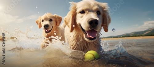 Two companion dogs of the Labrador Retriever breed are frolicking in the water, chasing a tennis ball. Their fawn fur glistens in the sun