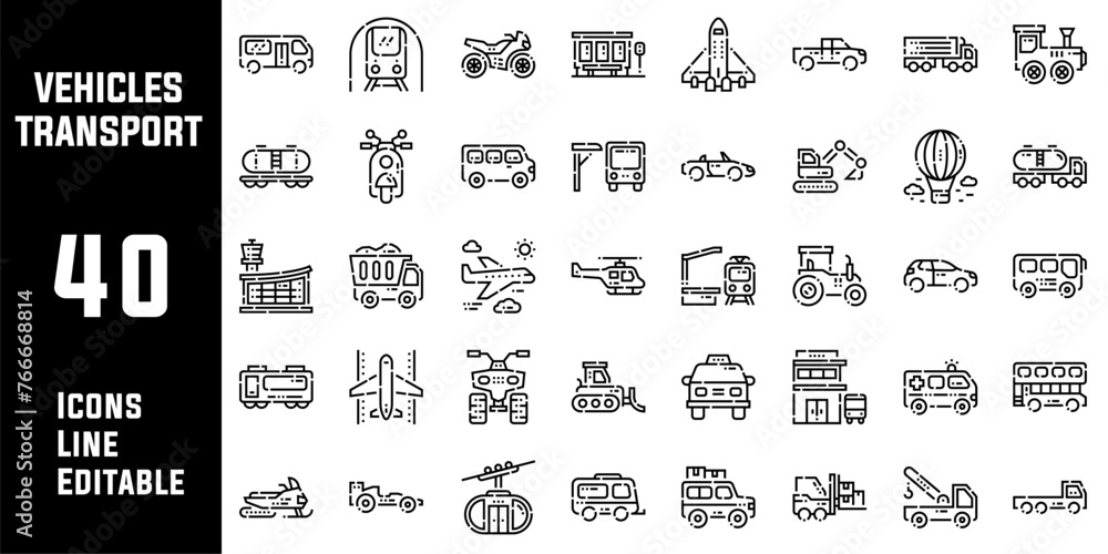 40 Vehicles Transport Icons Set Pack Line Editable Vector Illustration - obrazy, fototapety, plakaty 