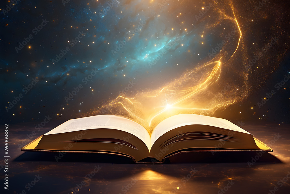 Golden book on galaxy background, golden rays around the book, glow, lines, sparks, and space for text Golden book on galaxy background, golden rays around the book, glow, lines, sparks, and space for text