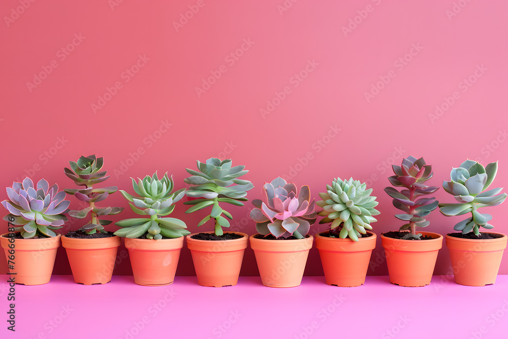 Fototapeta premium A series of potted succulents arranged in a gradient pattern on a vibrant magenta background, adding a touch of nature to any space
