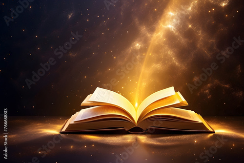 Golden book on galaxy background, golden rays around the book, glow, lines, sparks, and space for text