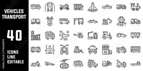 40 Vehicles Transport Icons Set Pack Line Editable Vector Illustration
