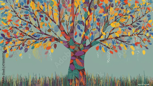 ibrant Blossoming Tree: Captivating Illustration Background with Colorful Leaves photo