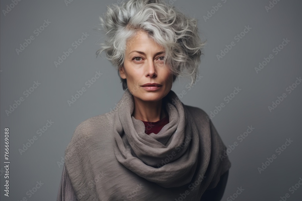 Portrait of a beautiful senior woman with grey hair wearing a gray scarf Portrait of a beautiful senior woman with grey hair wearing a gray scarf