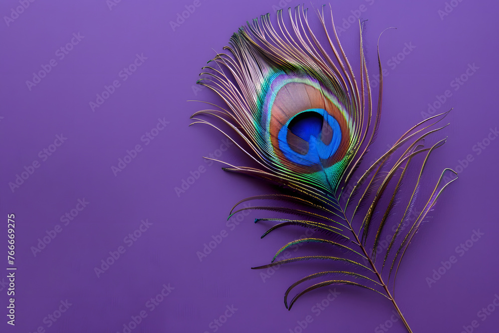 Obraz premium A single peacock feather on a regal purple backdrop, showcasing its intricate patterns and vibrant colors 