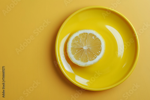 A single slice of lemon on a bright yellow plate, adding a pop of color and freshness