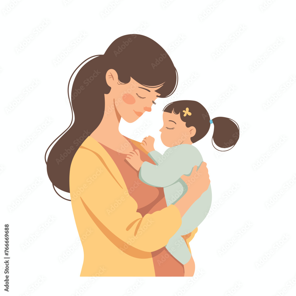 Illustration of mother and baby. Young mother huggi