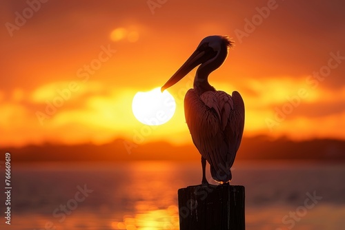 Pelican Silhouette Against Dramatic Sunset, Resting on a Pier Post. Generative AI.
