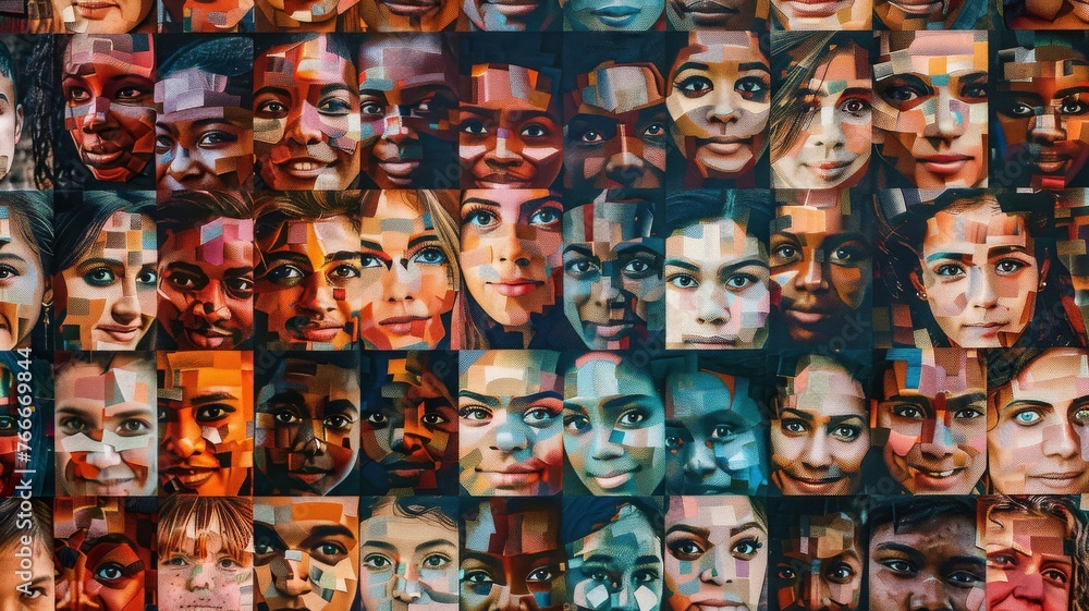 Collage of diverse human faces. Emblematic of diversity and unity, this artwork is ideal for themes of equality, community, and the human mosaic. - obrazy, fototapety, plakaty 