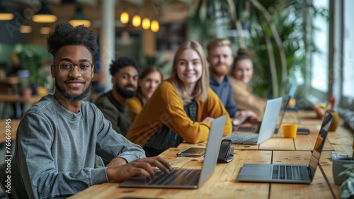 Dynamic start-up team in a collaborative workspace. Emphasizes collaboration in modern start-ups, suitable for content on teamwork, co-working, and innovative work environments.