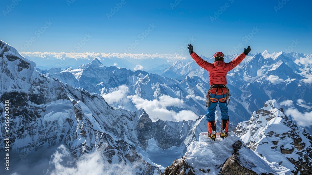 Climber's victory on snowy peak. Capturing the essence of achievement, this image can serve as a metaphor for success, challenge, and adventure in promotions and inspirational content.