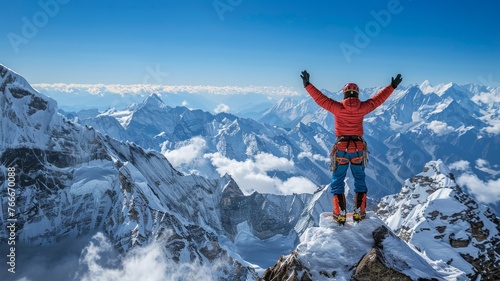 Climber's victory on snowy peak. Capturing the essence of achievement, this image can serve as a metaphor for success, challenge, and adventure in promotions and inspirational content. © kaznadey