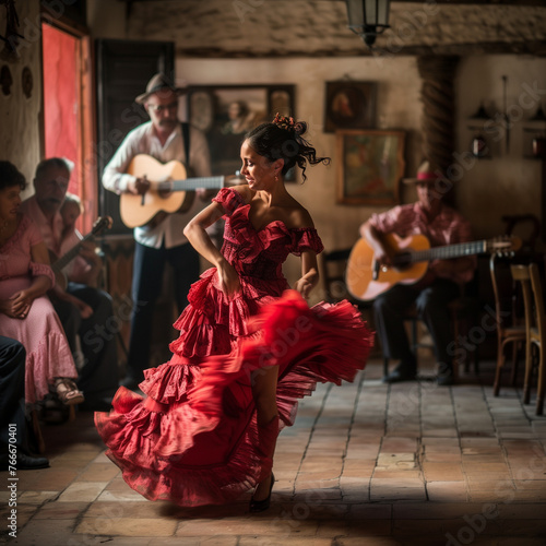 Flamenco Dancer in Traditional Dress Performing with Musicians