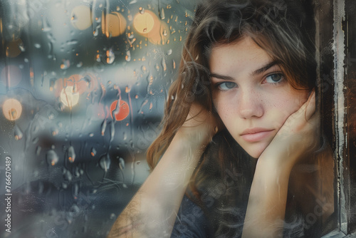 Pensive Young Woman Gazing Through Rainy Window, City Lights Bokeh