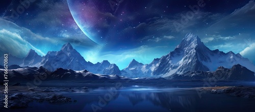 A picturesque natural landscape with a lake reflecting the mountains, fluffy clouds in the sky, and a distant planet shining in the horizon. The perfect setting for outdoor entertainment