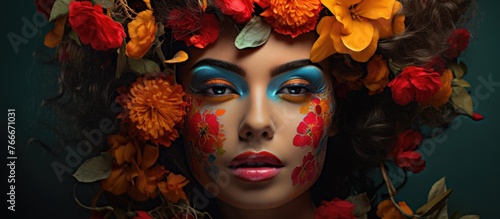 A lady displaying a stylish look with beautiful flowers in her hair alongside artistic makeup