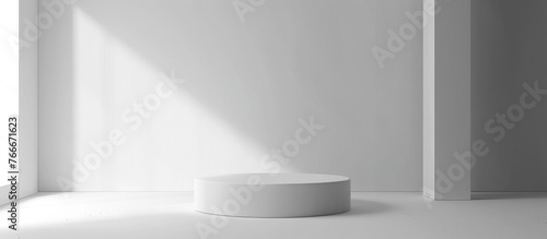 A white cylindrical podium in a light gray room with an infinite background wallpaper banner  providing space for text  mockup  or copy. It is a 3D illustration portraying a minimalistic concept.