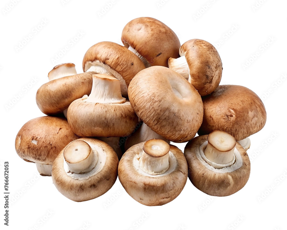 Pile of champignon mushrooms isolated on transparent background. Vegetarian food. Pile of champignon mushrooms isolated on transparent background. Vegetarian food.