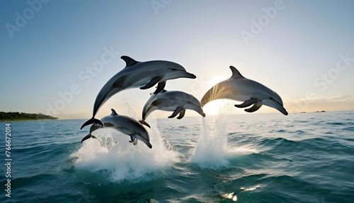 A Dynamic Shot Of A Pod Of Dolphins Leaping In Uni