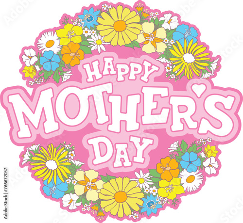 Happy Mother's Day wreath of flowers. Vector social greeting, social media post or holiday message.