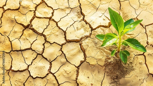 Dry cracked earth with a single sprout of green photo