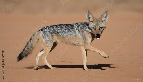 A Jackal With Its Tail Held Low Ready To Pounce