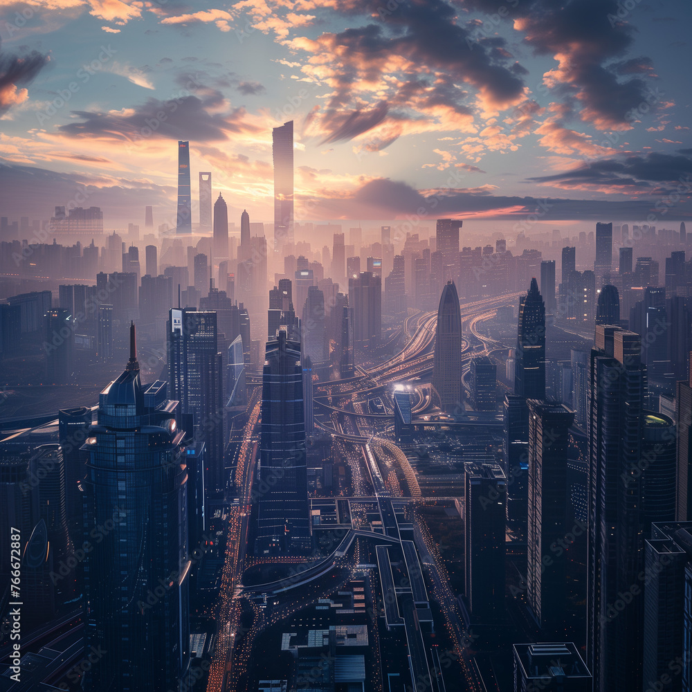 Fototapeta premium Futuristic Cityscape at Sunset with Skyscrapers and Dynamic Lighting