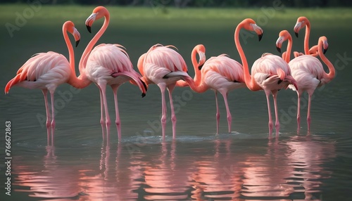 Flamingos With Their Long Legs Submerged In Water