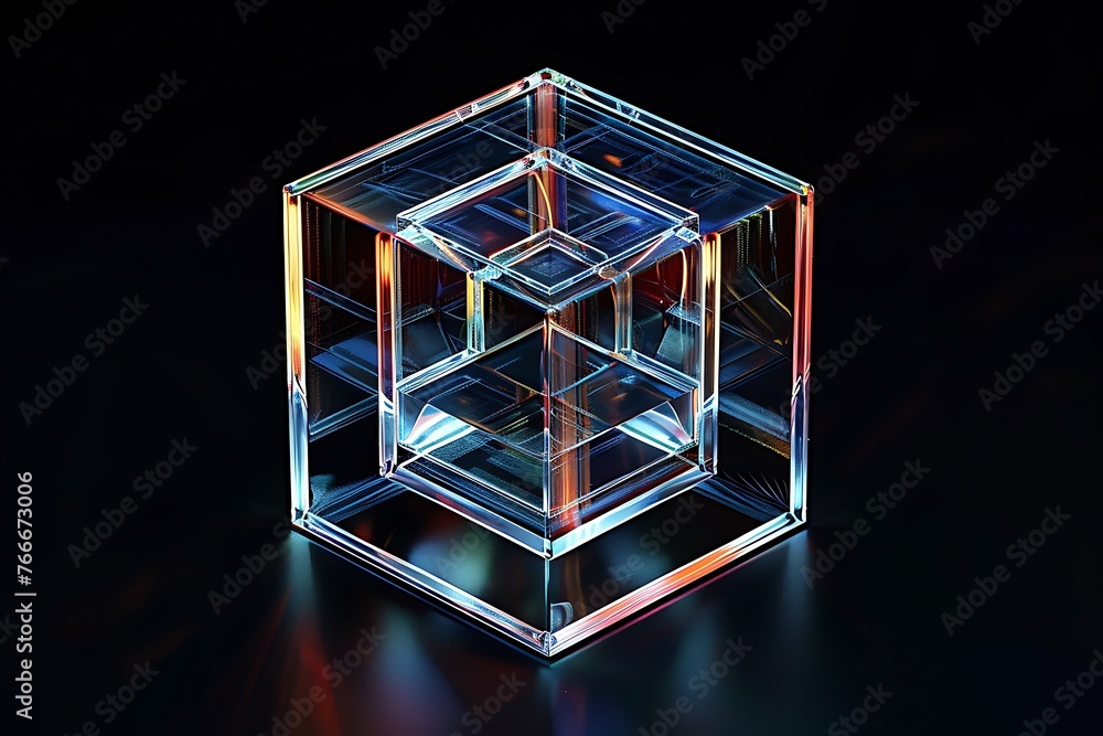 Obraz premium Glass cube in an abstract 3D render on a dark background