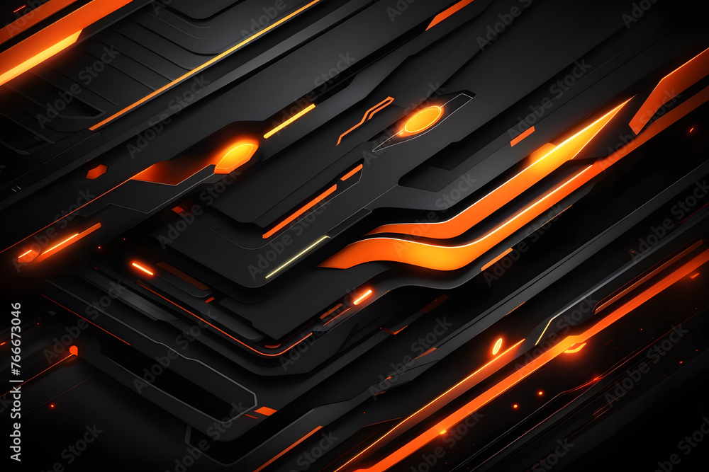 Black abstract corporate material composition, tech vector design. Fiery orange glowing neon lines futuristic background design.