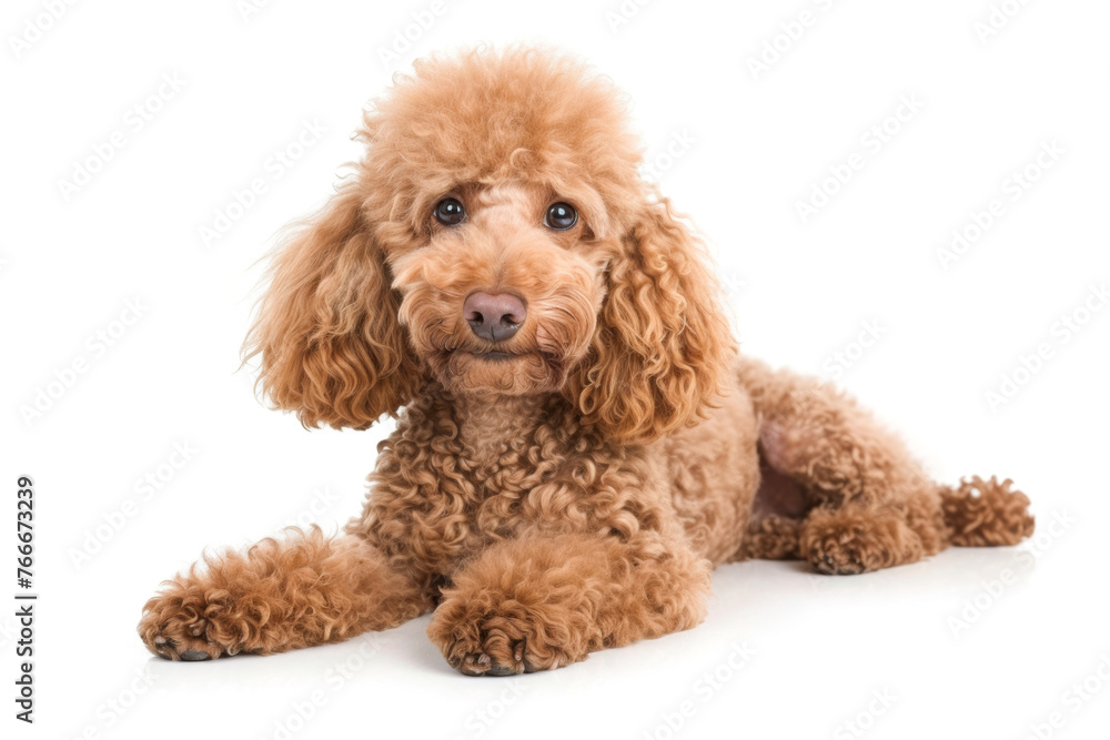 relaxed apricot standard poodle lying on a white background, looking at the viewer with a soft and friendly gaze relaxed apricot standard poodle lying on a white background, looking at the viewer with a soft and friendly gaze