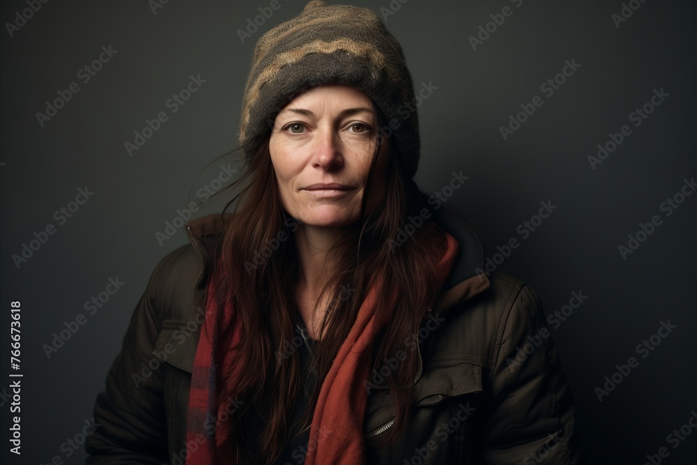 Portrait of a woman wearing a winter hat and scarf on a dark background Portrait of a woman wearing a winter hat and scarf on a dark background