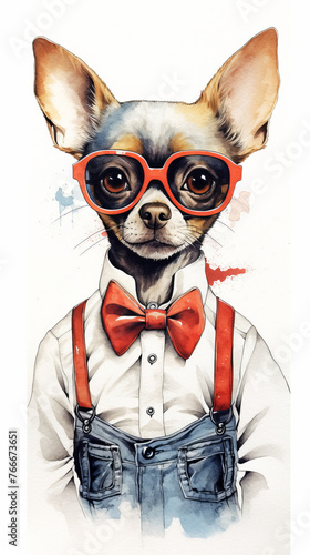 a dog wearing a vest and suspenders with glasses.